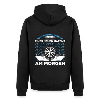 Ich Liebe Den Geruch Eines Neuen Hafens Am Morgen - Unisex Premium Bio Zip Hoodie - Schwarz - Hinten - Nico (187cm)