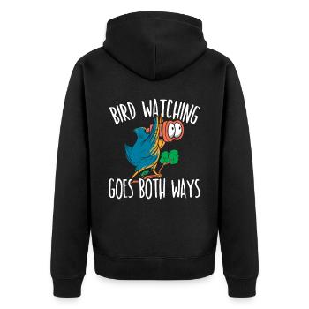 Vogelbeobachtung geht in beide Richtungen Vogelverschwörung - Unisex Premium Bio Zip Hoodie - Schwarz - Hinten - Nico (187cm)