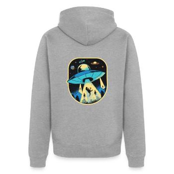 Dinosaure OVNI, Enlèvement extraterrestre - Veste à capuche bio Premium Unisexe - gris chiné - Dos - Nico (187cm)