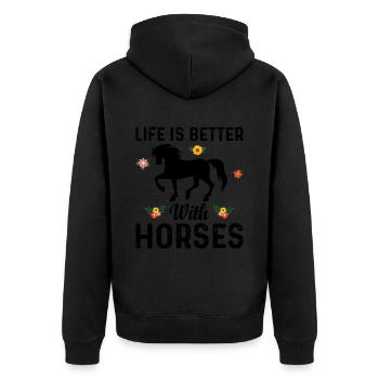 Das Leben Ist Besser Mit Pferden Power Horse - Unisex Premium Bio Zip Hoodie - Schwarz - Hinten - Nico (187cm)
