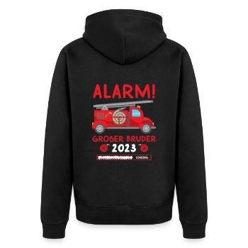 Alarm Großer Bruder 2023 Loading Feuerwehr - Unisex Premium Bio Zip Hoodie - Schwarz - Hinten - Nico (187cm)
