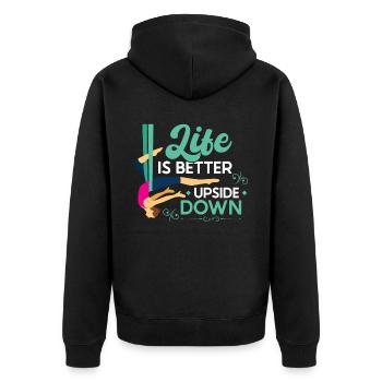 Life Is Better Upside Down - Aerialist - Unisex Premium Bio Zip Hoodie - Schwarz - Hinten - Nico (187cm)