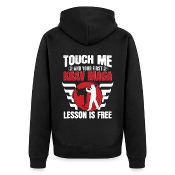 Krav Maga Apparel Israeli Self - Unisex Premium Bio Zip Hoodie - Schwarz - Hinten - Nico (187cm)