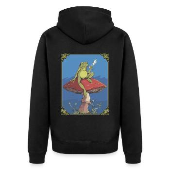 Cottagecore Ästhetischer Frosch-Pilz-Tee Goblincor - Unisex Premium Bio Zip Hoodie - Schwarz - Hinten - Nico (187cm)