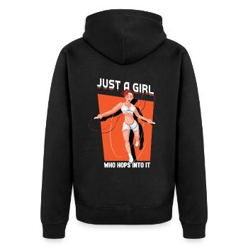 Just A Girl Who Hops Into It - Jump Rope - Unisex Premium Bio Zip Hoodie - Schwarz - Hinten - Nico (187cm)