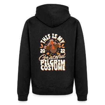 This is my grateful Pilgrim Costume - Thanksgiving - Unisex Premium Organic Zip Hoodie - black - Back - Nico (187cm)