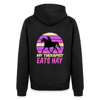 Pferd Reiten My Therapist Eats Hay - Unisex Premium Bio Zip Hoodie - Schwarz - Hinten - Nico (187cm)