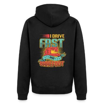 I drive fast and barefoot sewing machine Sewer - Unisex Premium Organic Zip Hoodie - black - Back - Nico (187cm)