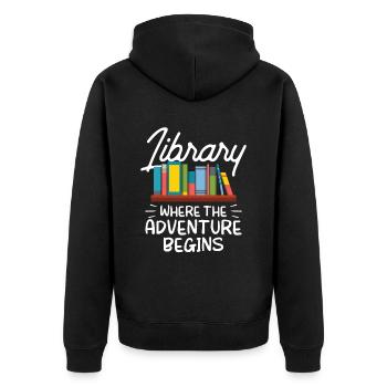 Bibliothek Wo Das Abenteuer Beginnt Bibliothekar - Unisex Premium Bio Zip Hoodie - Schwarz - Hinten - Nico (187cm)