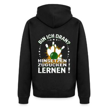 "Bin ich Dran?" Kegelspieler Kegler - Unisex Premium Bio Zip Hoodie - Schwarz - Hinten - Nico (187cm)