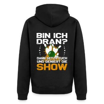 "Bin ich dran?" Kegelspieler Kegler - Unisex Premium Bio Zip Hoodie - Schwarz - Hinten - Nico (187cm)