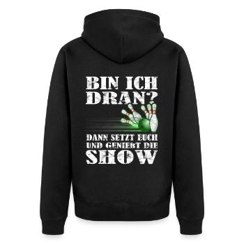 "Bin ich dran?" Kegelspieler Kegler - Unisex Premium Bio Zip Hoodie - Schwarz - Hinten - Nico (187cm)
