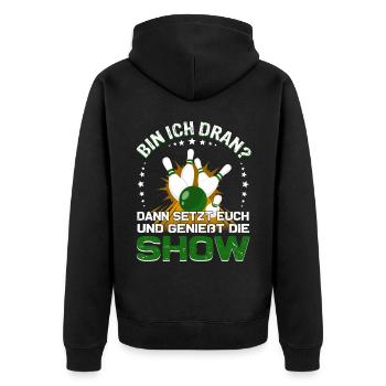 "Bin ich dran?" Kegelspieler Kegler - Unisex Premium Bio Zip Hoodie - Schwarz - Hinten - Nico (187cm)