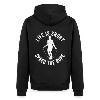 Lustiges Springseil Springseil - Unisex Premium Bio Zip Hoodie - Schwarz - Hinten - Nico (187cm)