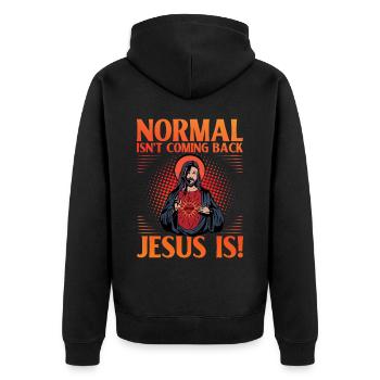 Normal isn't coming back Jesus is - Unisex Premium Bio Zip Hoodie - Schwarz - Hinten - Nico (187cm)