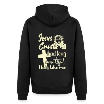 Lange Haare Christ Christliches Design - Unisex Premium Bio Zip Hoodie - Schwarz - Hinten - Nico (187cm)