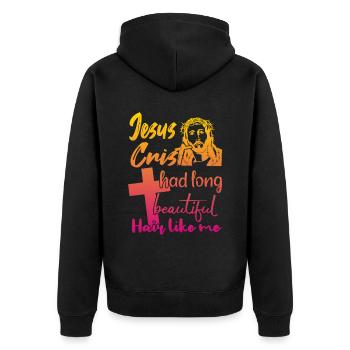 Lange Haare Christ Christliches Design - Unisex Premium Bio Zip Hoodie - Schwarz - Hinten - Nico (187cm)