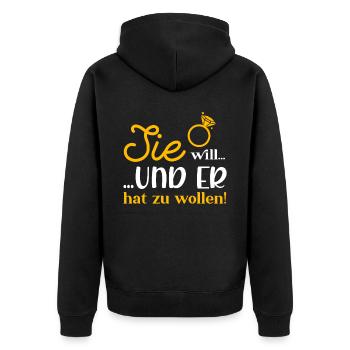 Sie Will und Er Hat zu Wollen Jga - Unisex Premium Bio Zip Hoodie - Schwarz - Hinten - Nico (187cm)