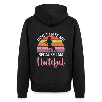 Hasse mich nicht, weil ich ein flötenhafter Flötenspieler bin - Unisex Premium Bio Zip Hoodie - Schwarz - Hinten - Nico (187cm)