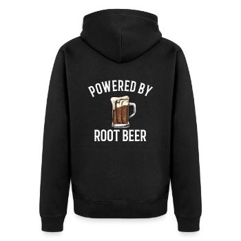 Powered by root beer, root beer - Unisex Premium Bio Zip Hoodie - Schwarz - Hinten - Nico (187cm)