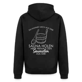 Sauna Saunist Saunisten Spruch Saunieren - Unisex Premium Bio Zip Hoodie - Schwarz - Hinten - Nico (187cm)