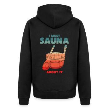 Sauna Witz Saunieren Saunisten Saunist - Unisex Premium Bio Zip Hoodie - Schwarz - Hinten - Nico (187cm)