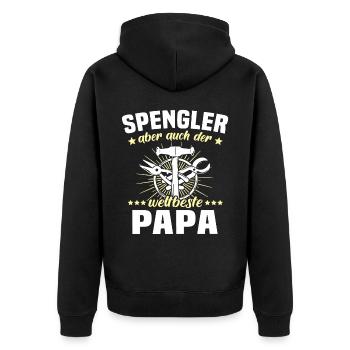 Bauspengler Papa Spengler - Unisex Premium Bio Zip Hoodie - Schwarz - Hinten - Nico (187cm)