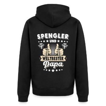 Bauspengler Papa Spengler - Unisex Premium Bio Zip Hoodie - Schwarz - Hinten - Nico (187cm)