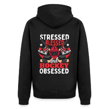 Gestresst Gesegnet und Hockey besessen - Unisex Premium Bio Zip Hoodie - Schwarz - Hinten - Nico (187cm)