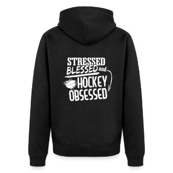 Stressé béni et obsédé par le hockey - Veste à capuche bio Premium Unisexe - noir - Dos - Nico (187cm)