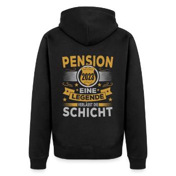 Polizei Pension 2023 Legende verlässt Gelände - Unisex Premium Bio Zip Hoodie - Schwarz - Hinten - Nico (187cm)
