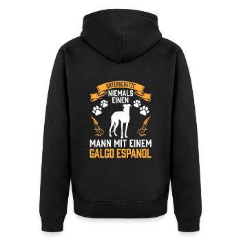 Unterschätze nie einen Mann mit Galgo Espanol - Unisex Premium Bio Zip Hoodie - Schwarz - Hinten - Nico (187cm)