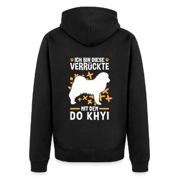 Die Verrückte mit dem Do Khyi Tibetdogge - Unisex Premium Bio Zip Hoodie - Schwarz - Hinten - Nico (187cm)