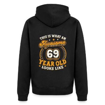 This is what a 69-year-old looks like. - Unisex Premium Organic Zip Hoodie - black - Back - Nico (187cm)