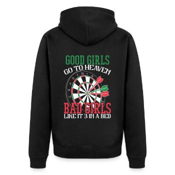 Lustiges Mädchen Dart Spieler Darts Humor - Unisex Premium Bio Zip Hoodie - Schwarz - Hinten - Nico (187cm)