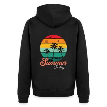 Retro Surfer Sommer Design mit Palmen - Unisex Premium Bio Zip Hoodie - Schwarz - Hinten - Nico (187cm)