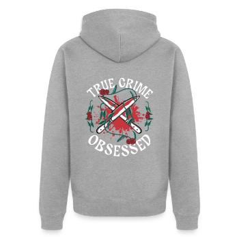 True Crime Obsessed - Unisex Premium Organic Zip Hoodie - heather grey - Back - Nico (187cm)