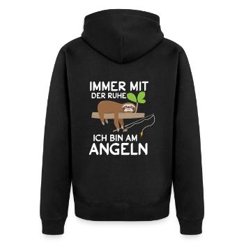 Immer mit der Ruhe ich bin am Angeln Faultier - Unisex Premium Bio Zip Hoodie - Schwarz - Hinten - Nico (187cm)