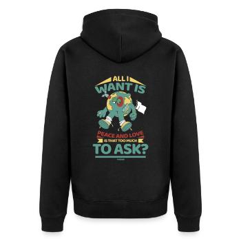 Die Erde möchte den Weltfrieden - Unisex Premium Bio Zip Hoodie - Schwarz - Hinten - Nico (187cm)