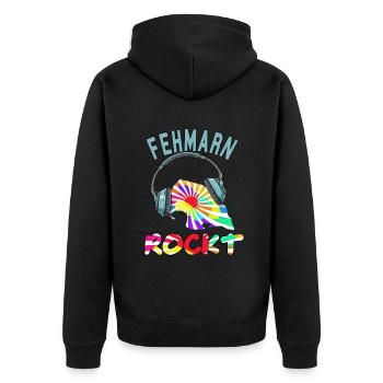 Fehmarn Rockt - Unisex Premium Bio Zip Hoodie - Schwarz - Hinten - Nico (187cm)