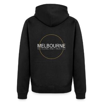 Melbourne Spruch - Unisex Premium Bio Zip Hoodie - Schwarz - Hinten - Nico (187cm)