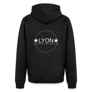 Lyon Spruch - Unisex Premium Bio Zip Hoodie - Schwarz - Hinten - Nico (187cm)
