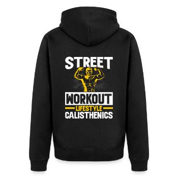 Street Workout Lifestyle Fitness Calisthenics - Unisex Premium Bio Zip Hoodie - Schwarz - Hinten - Nico (187cm)