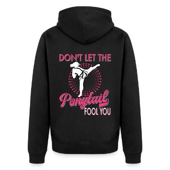Karate Taekwondo Mädchen Frauen Karate Kick - Unisex Premium Bio Zip Hoodie - Schwarz - Hinten - Nico (187cm)