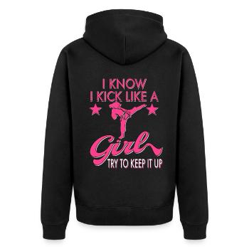 Karate Taekwondo Mädchen Frauen Karate Kick - Unisex Premium Bio Zip Hoodie - Schwarz - Hinten - Nico (187cm)