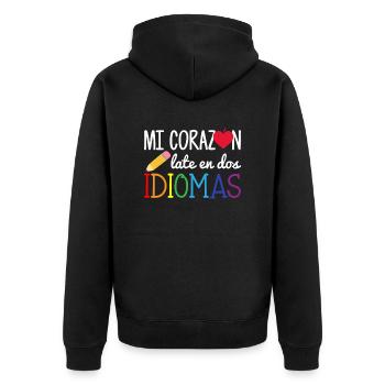 Mi corazon late en dos idiomas, bilingual Spanish - Unisex Premium Bio Zip Hoodie - Schwarz - Hinten - Nico (187cm)