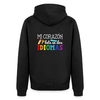 Mi corazon late en dos idiomas, bilingual Spanish - Unisex Premium Bio Zip Hoodie - Schwarz - Hinten - Nico (187cm)