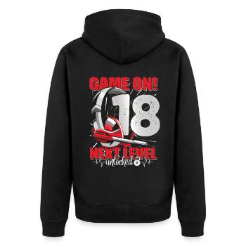 Next Level unlocked 18th Birthday Men's Gaming - Unisex Premium Organic Zip Hoodie - black - Back - Nico (187cm)