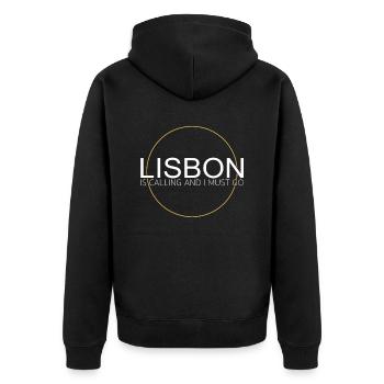 Lisbon Quote - Unisex Premium Organic Zip Hoodie - black - Back - Nico (187cm)