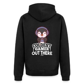cooler Pinguin zockt ein Game - Unisex Premium Bio Zip Hoodie - Schwarz - Hinten - Nico (187cm)